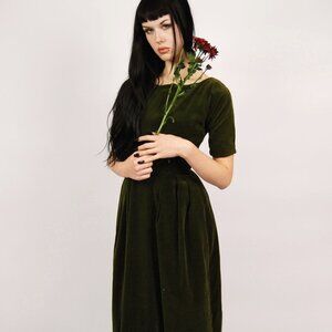 60s Velvet Tea Dress (XS) olive green vintage holiday gown whimsygoth cute slim